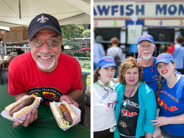 Vance Vaucresson poses with two sausage po-boys at French Quarter Fest; Monica Davidson and Pierre Hilzim pose with their family outside the Crawfish Monica tent at Jazz Fest