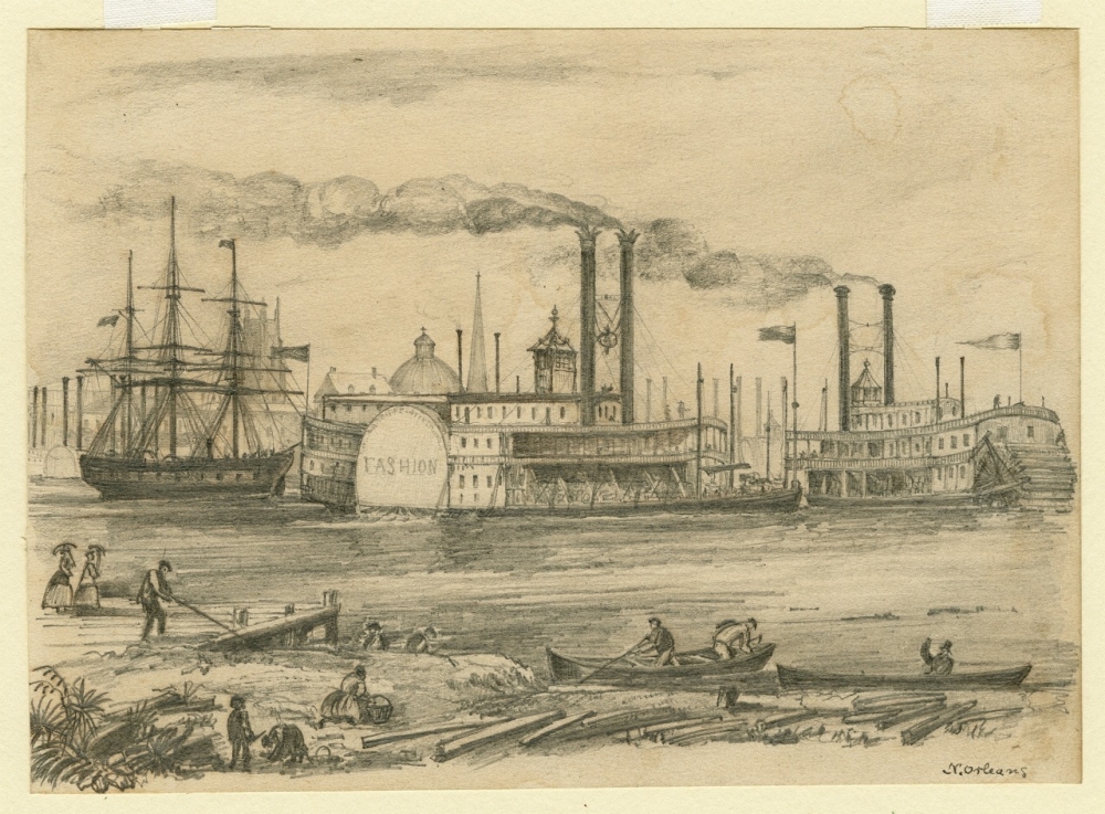 Pencil drawing of a riverfront scene with paddle boats and ships in the background. People are seen on the riverbank in the foreground.