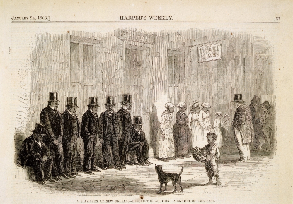 View of enslaved men, women and children dressed in formal attire and lined up along the exteroir wall of T. Hart slave merchant with a white man examining them.