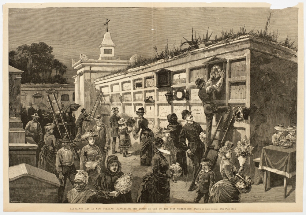 Artistic rendering of a crowd of people decorating the tombs in a wall vault in St. Louis Cemetery Number 2, for All Saints day, published in Harper's Bazaar in 1885. In the right foreground, a man on a ladder places a wreath on a tomb, while two small girls sit at a table next to the wall vault. In the left background, people watch the crowd of finely dressed people with their bouquets and wreaths.