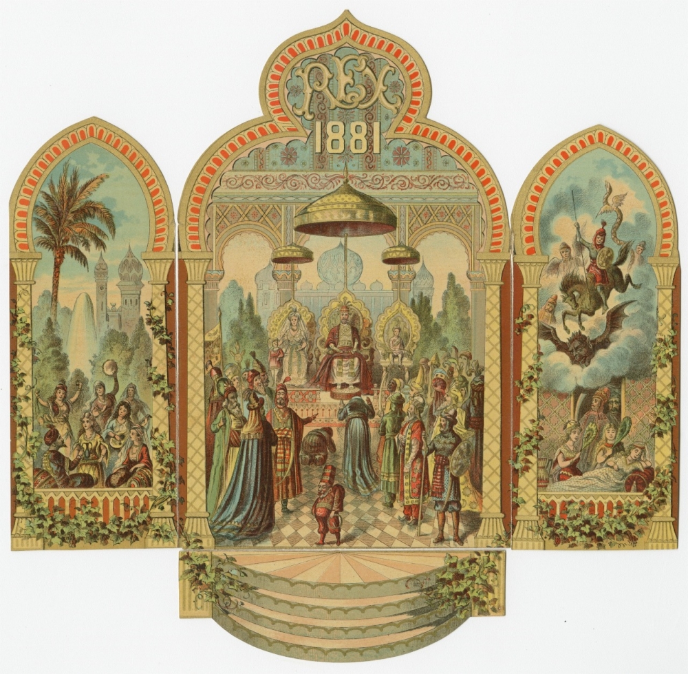 A colorful and detailed invitation to the 1881 Rex Ball.