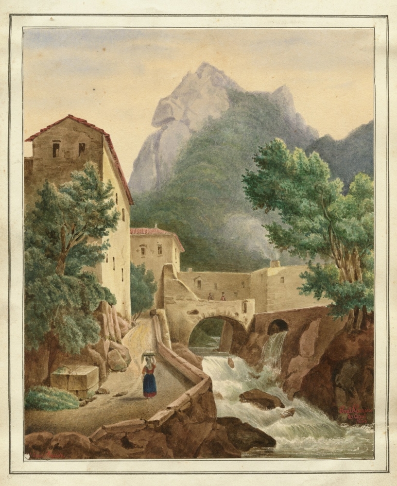 Watercolor drawing of a town or group of buildings next to a mountain stream.