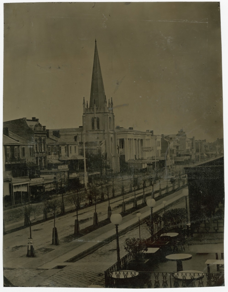 A black-and-white photo of Canal Street as it appeared in 1871 or '72.