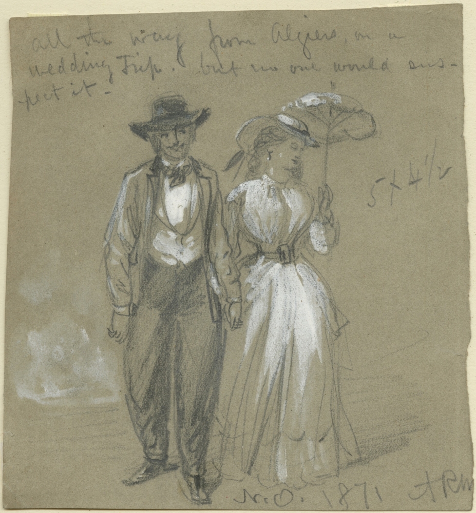 Pencil and pastel illustration of an 1871 couple on their way to a wedding, woman in a white dress with parasol, man in a suit with bow tie and wide-brimmed hat 
