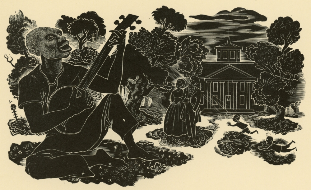 A woodcut with black ink. In the foreground a Black man plays banjo. In the background are a woman and man walking together, two boys playing in grass, and a large plantation house.