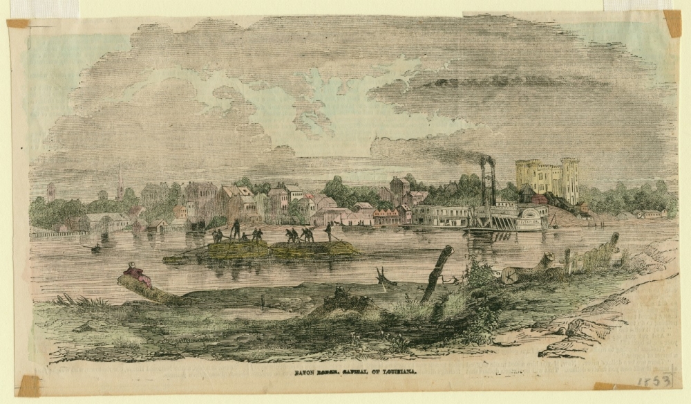 Ink drawing of a town with water in the foreground.