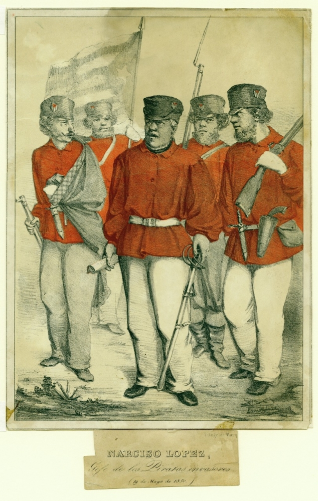 Lithograph of Narciso López and four other men holding weapons. The man in the rear is holding the Cuban flag.