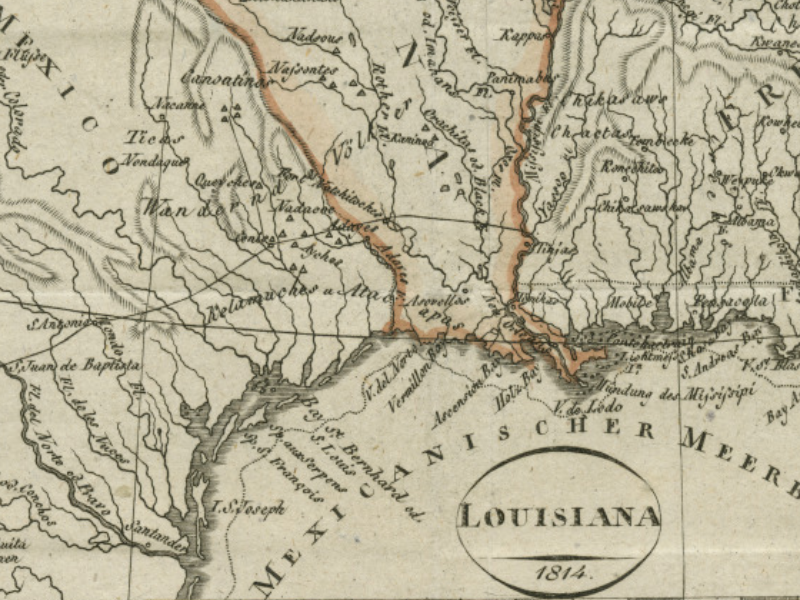 Close-up of an 1814 map of the Louisiana Territory. The map's labels are in German.