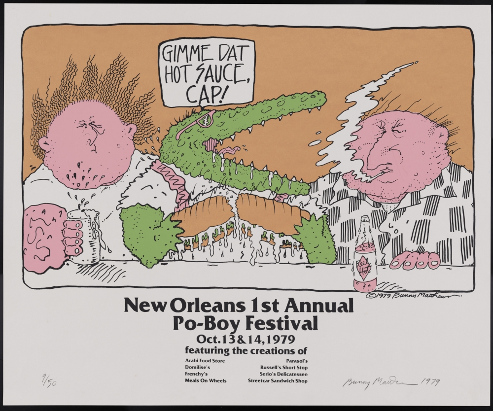  Poster for the 1979 Po-Boy Festival featuring a drawing of an alligator holding a po-boy as he talks to a man sitting next to him smoking. The caption above the alligator's head reads: "Gimme dat hot sauce, Cap!"