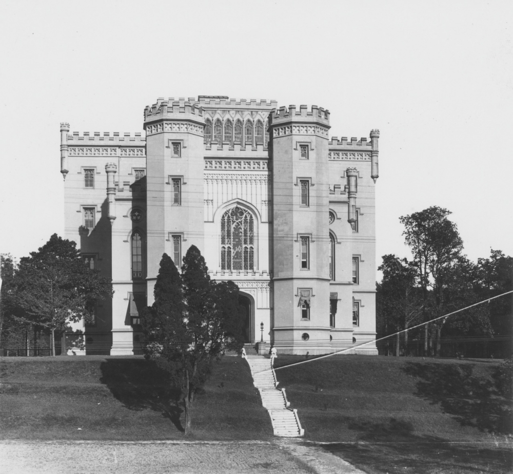 Black-and-white photo of a castle-like building.