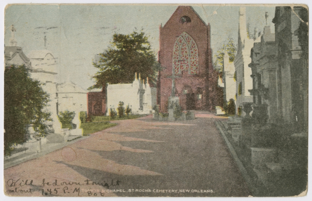 A circa 1905 postcard features an exterior view of St. Roch's Chapel, St. Roch's Shrine, and above ground tombs in St. Roch's Cemetery in New Orleans, La. 