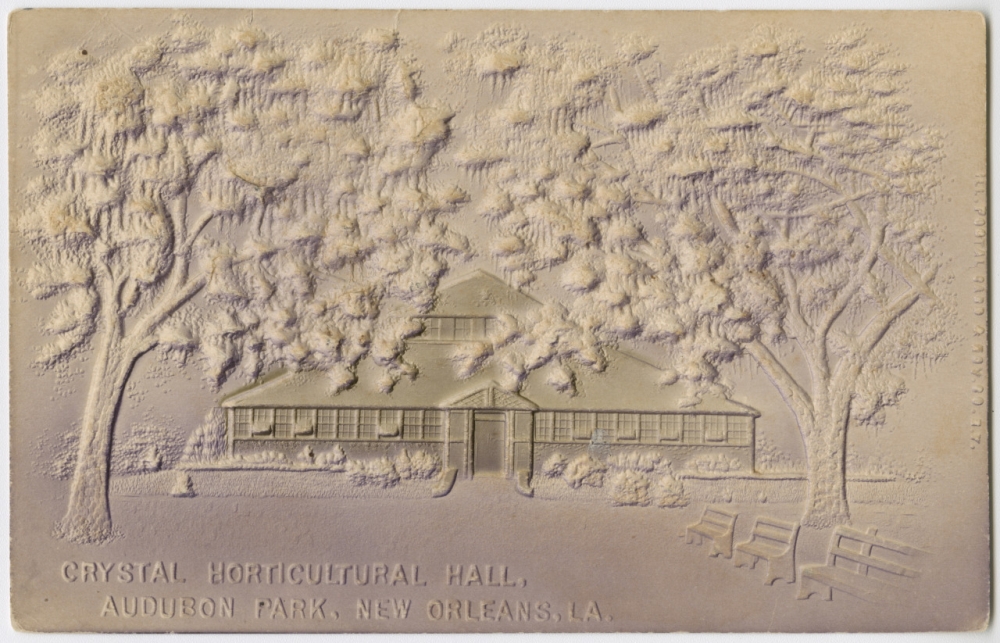 Postcard features a view of the Crystal Horticultural Hall located at Audubon Park in New Orleans, La.
