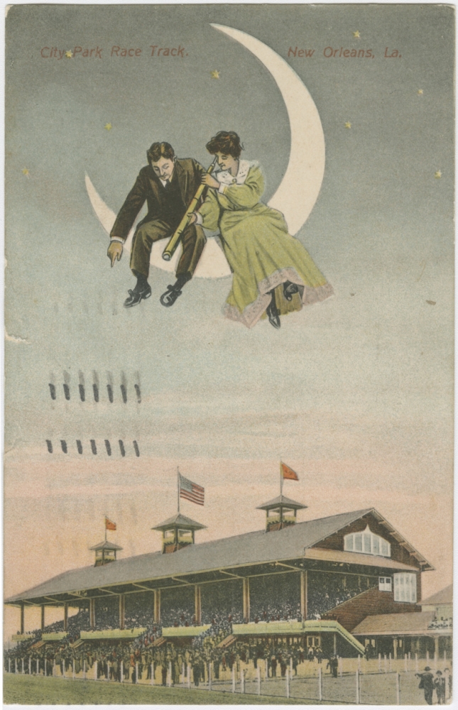 Circa 1905 postcard from photograph and drawing; view of the club house of the City Park Race Track in Lakeview; crowds of people are in the grandstand; building has three cupolas and American flags; above are a man and woman in clothing of the day sitting on a crescent moon; the woman is looking down through a telescope. 