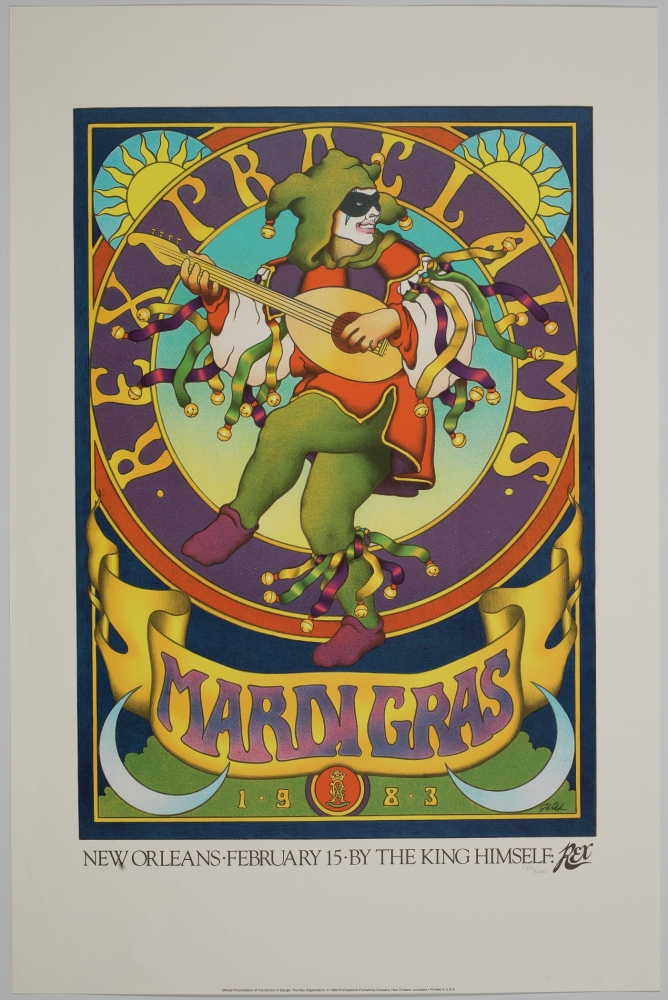 Rex poster from Carnival 1983 depicting a court jester with a lute