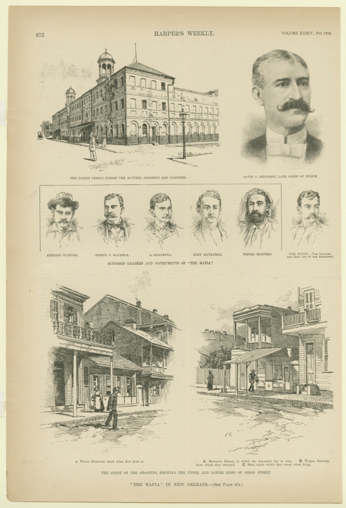An illustration with a main caption that reads: The Mafia in New Orleans. It features three exterior scenes and six portraits. 