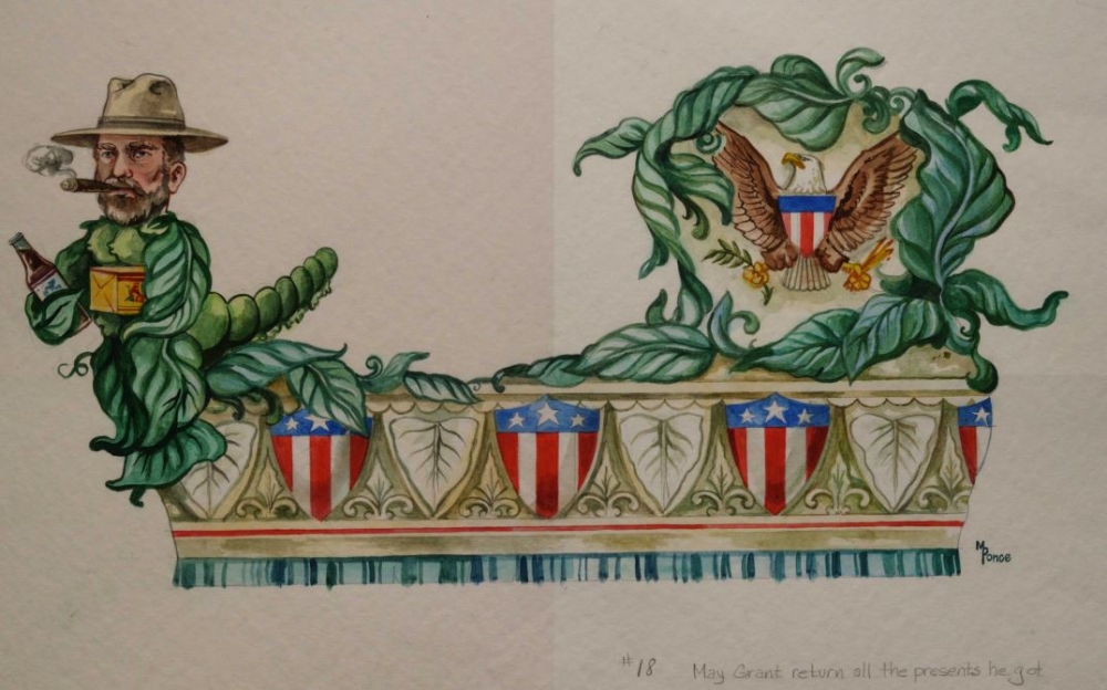 Float design showing head of Ulysses S. Grant having a body like a caterpillar and leaves holding a bottle of beer and a box under his arm.