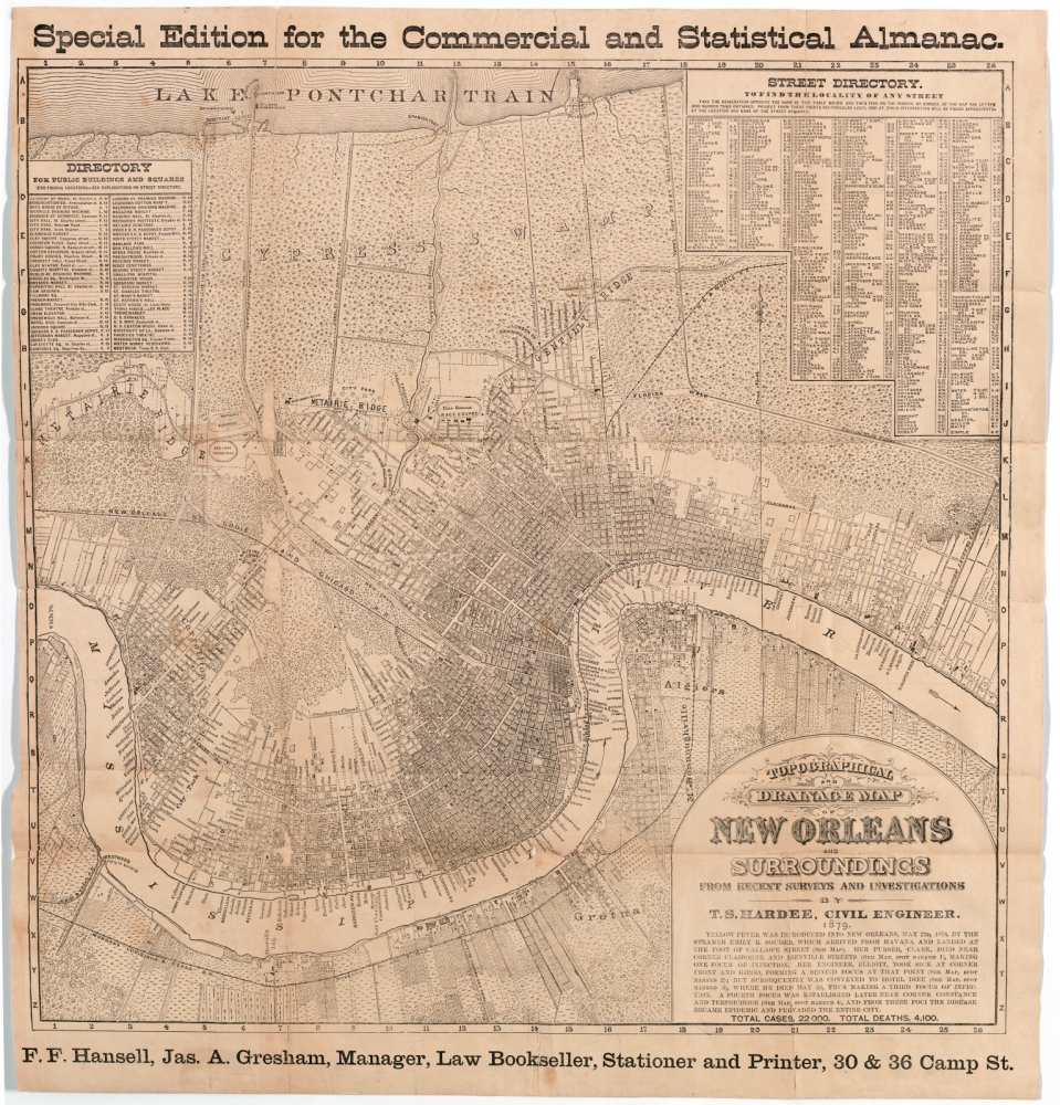 Highly detailed map of New Orleans showing urban area and surrounding area from the Commercial and Statistical Almanac; map provides information about the introduction of the 1878 yellow fever epidemic to New Orleans including names of first victims and locations where they became ill and died.