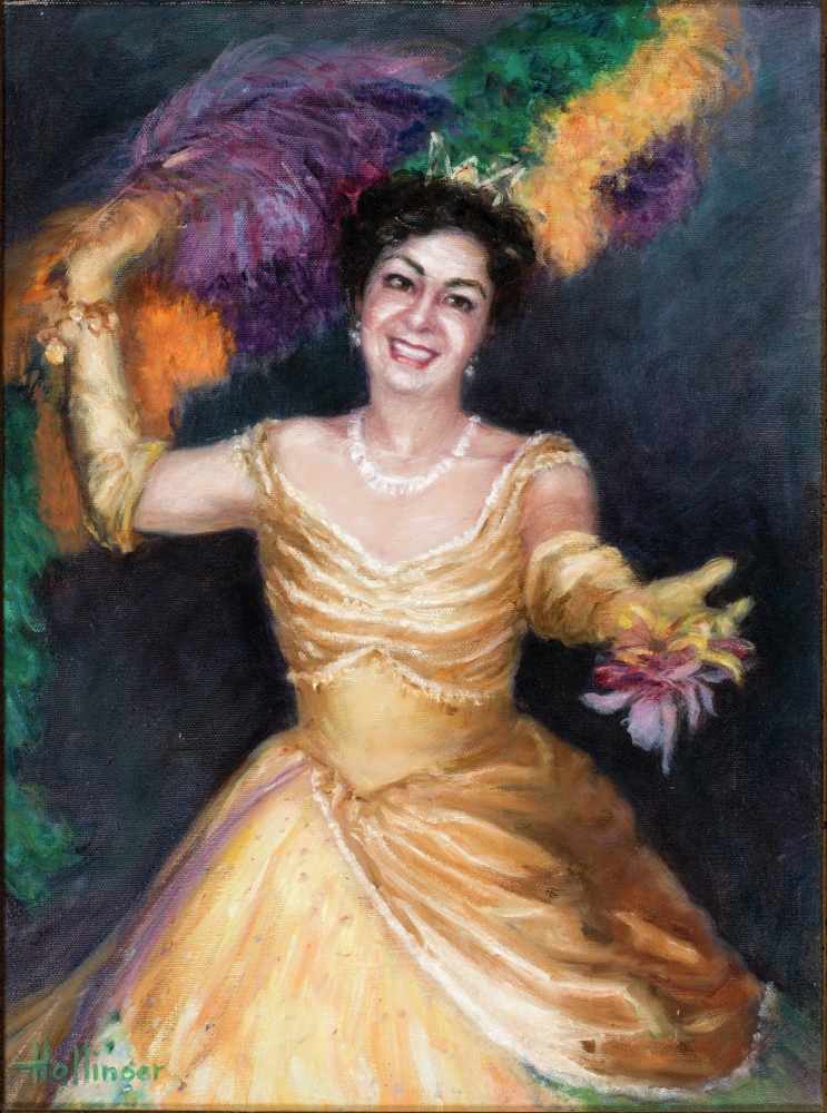 Portrait of Irma Mellaney Strode, captain of the Krewe of Iris, wearing a gold ball gown, over-the-elbow gold gloves, a gold coin bangle bracelet, a headdress with a tiara and yellow and gold feathers, and a diamond necklace.