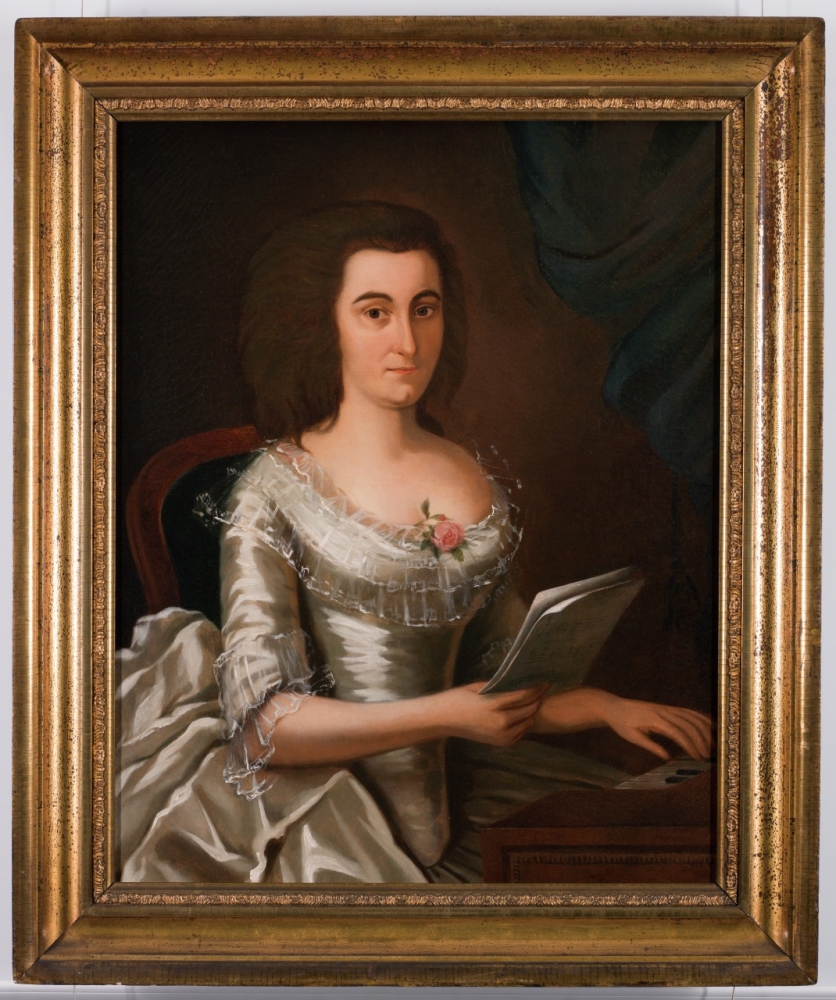 Painting of a woman in a luxurious white dress seated at a piano.