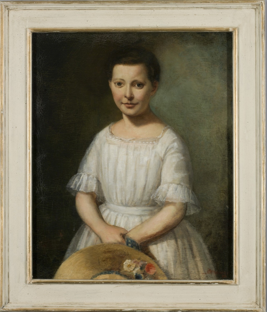  A painted three-quarter length portrait of a young dark-haired girl shown in near-frontal view against a background that is dark at the left and lightened at the right.