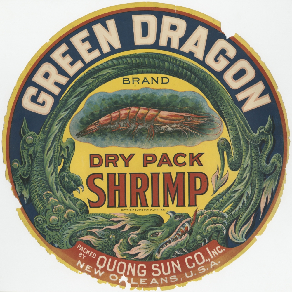  Round crate label for dried shrimp product. An illustration of a shrimp is at the center. Around the border of a circle is green dragon.