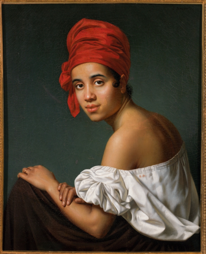 Painting of a light-skinned woman of color. She wears a white off-the-shoulder blouse and her dark hair is wrapped in a red headdress.