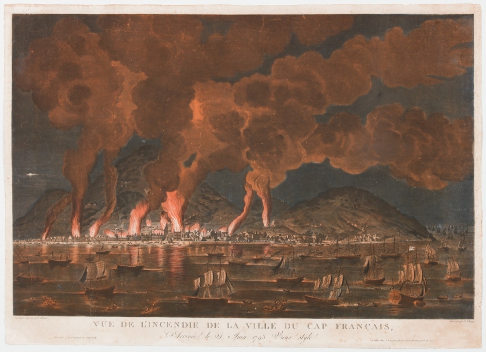 An illustration of a port. Ships are in the water in the foreground. In the background, a city is seen in flames.