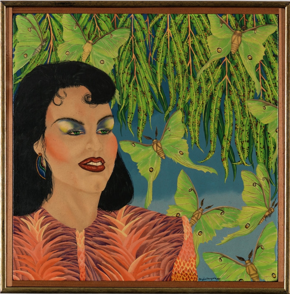 A painted portrait showing a person with long, dark hair. They appear to be under the canopy of a tree and are surrounded by green luna moths.