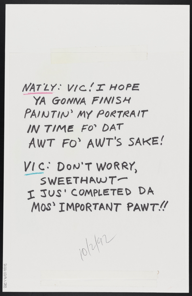 Handwritten text of the dialogue from a comic.