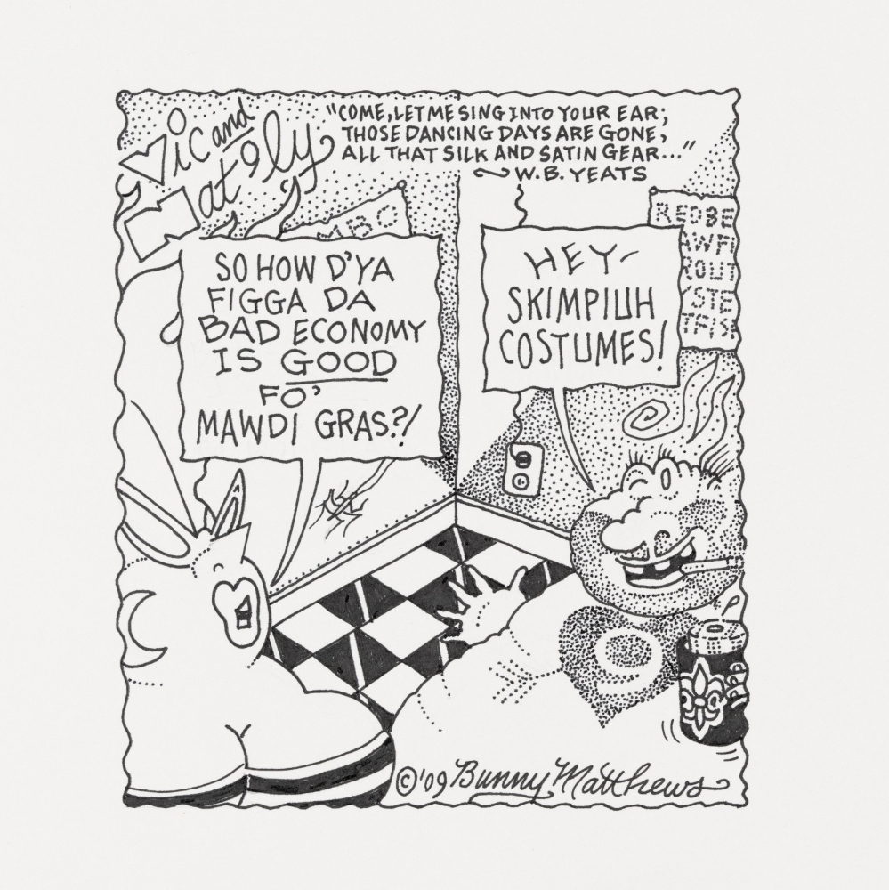 A cartoon drawing of a man and woman talking about Mardi Gras costumes. The cartoon includes a quote from poet W.B. Yeats: "Come, let me sing into your ear; those dancing days are gone, all that silk and satin gear."