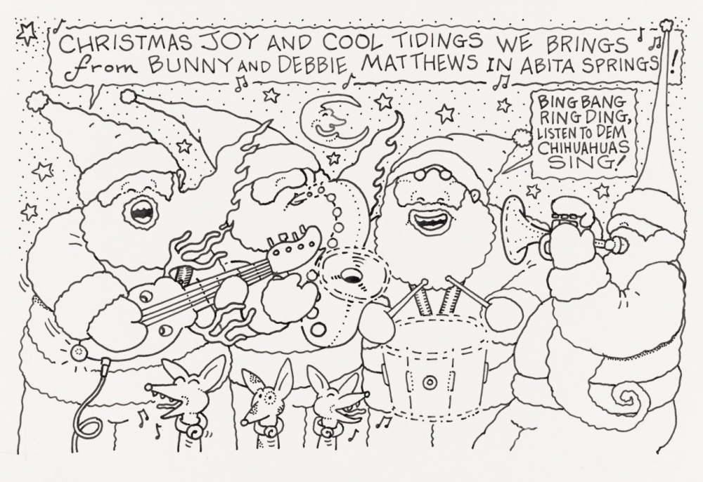 A cartoon of four men dressed as Santa Claus singing and playing instruments.