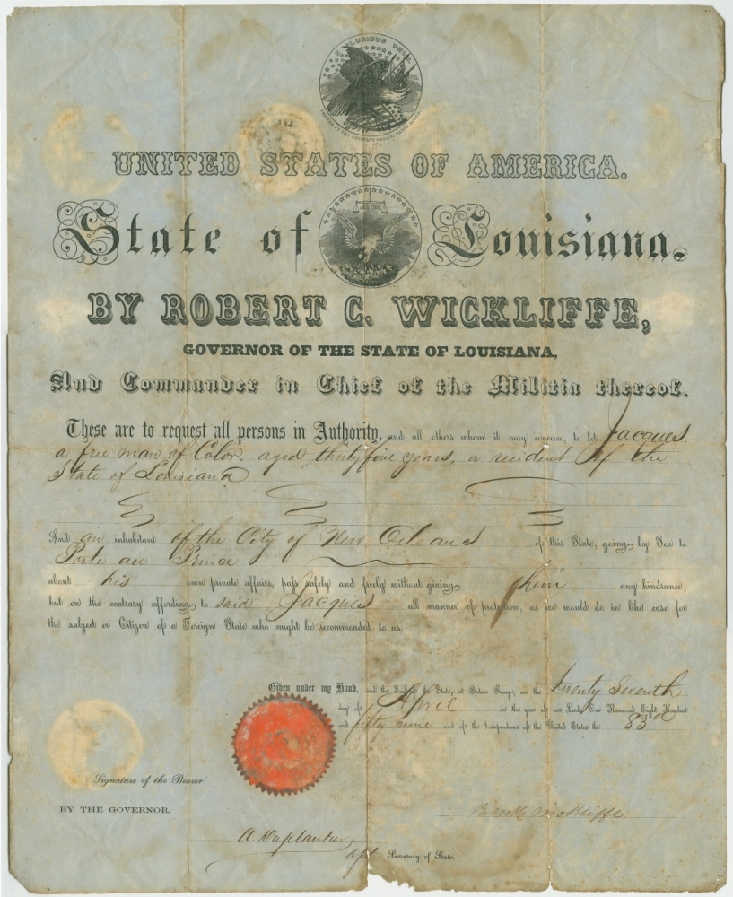 A passport including embossed red seal and signatures of Louisiana's governor and assistant secretary of state.