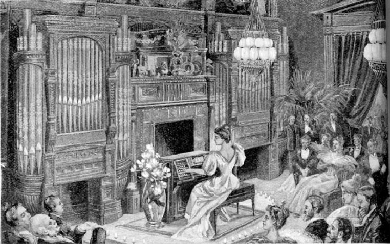Drawing of a woman playing an Aeolian organ for a well-dressed audience.