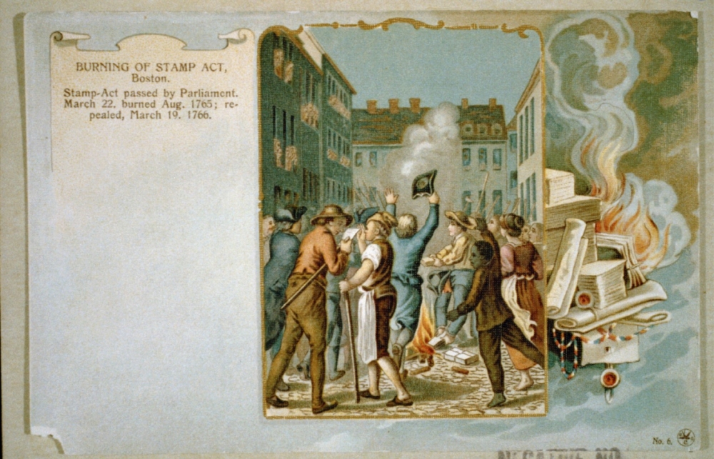 Colored illustration of people burning papers. To the right is a close up of papers on fire. Text to the left reads "BURNING OF STAMP ACT, Boston. Stamp-Act passed by Parliament. March 22, burned Aug. 1765; repealed, March 19. 1766."