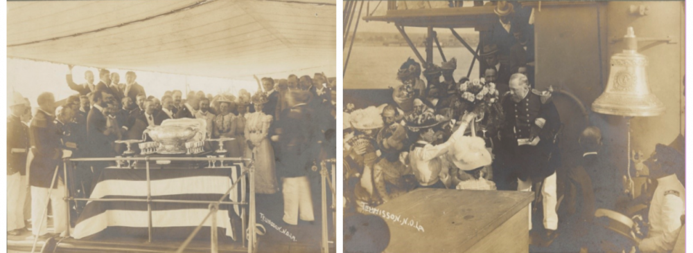 Two black-and-white photographs of a crowd of people surrounding a silver urn and bell, respectively.