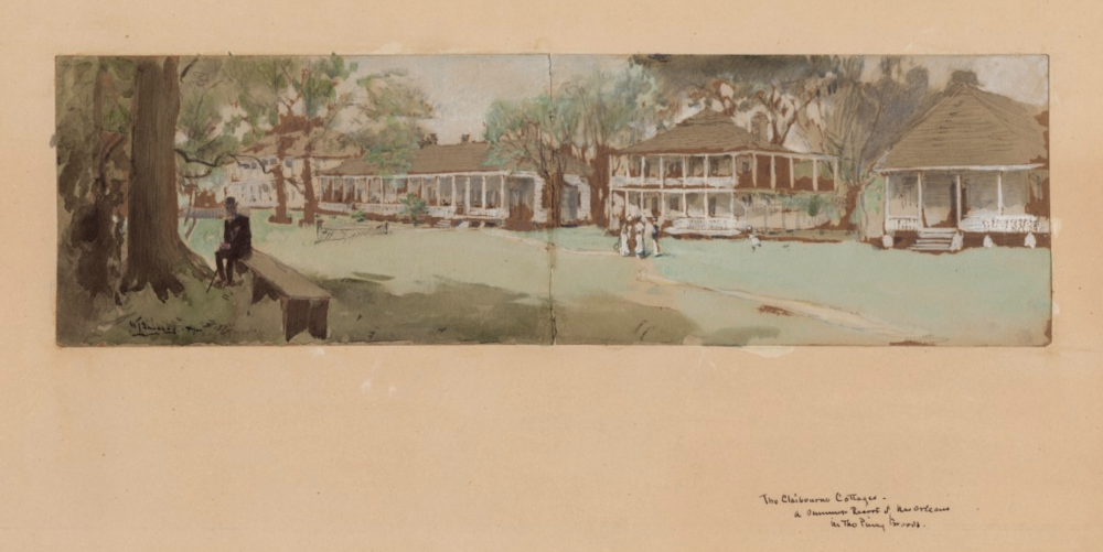 Illustration of Claiborne Cottages resort, with several galleried plantation-style buildings and a tennis net seen on the lawn