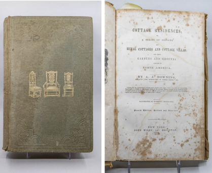 Left: Cover of an old book, decorated with gilded chairs. Right: Title page of Andrew Jackson Downing's "Cottage Residences."