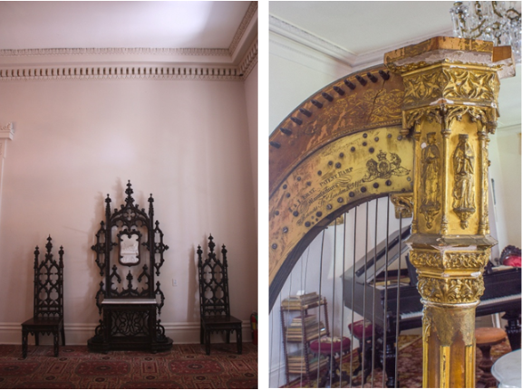 Left: Highly detailed chairs and stand in the Gothic style. Right: A golden harp with detailed decorations.