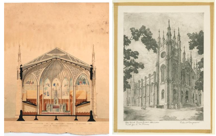 Left: architectural color drawing of the inside of a church. Right: black-and-white etching of the outside of a church..