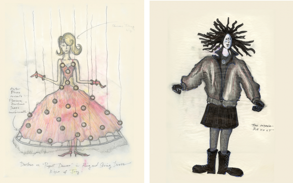 Side-by-side costume drawings. Left: Darlene in pink sweetheart dress. Right: Myrna in black combat boots, black Medusa-like hair, and black jacket