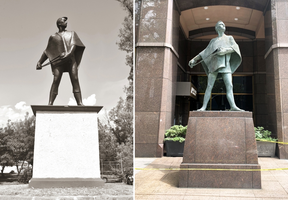 Two of Alférez’s scultpures. At left is "Benito Juárez." At right is "David." 