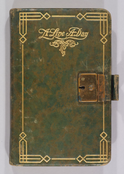 The front cover of a diary. The cover is green with a gold decorative border and metal lock. "A Line A Day" is written on the cover in decorative script.