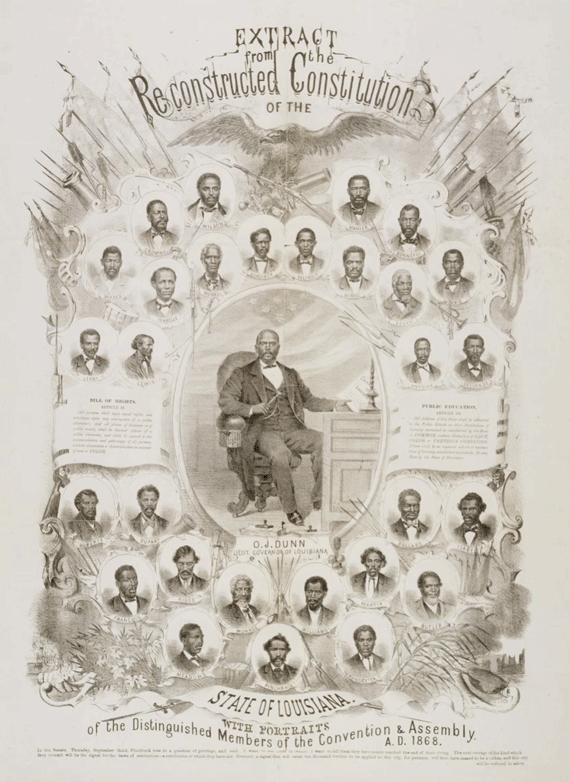 A poster with black-and-white drawings of Black Louisiana political figures during Reconstruction. The image is animated to highlight Oscar Dunn and P.B.S. Pinchback.