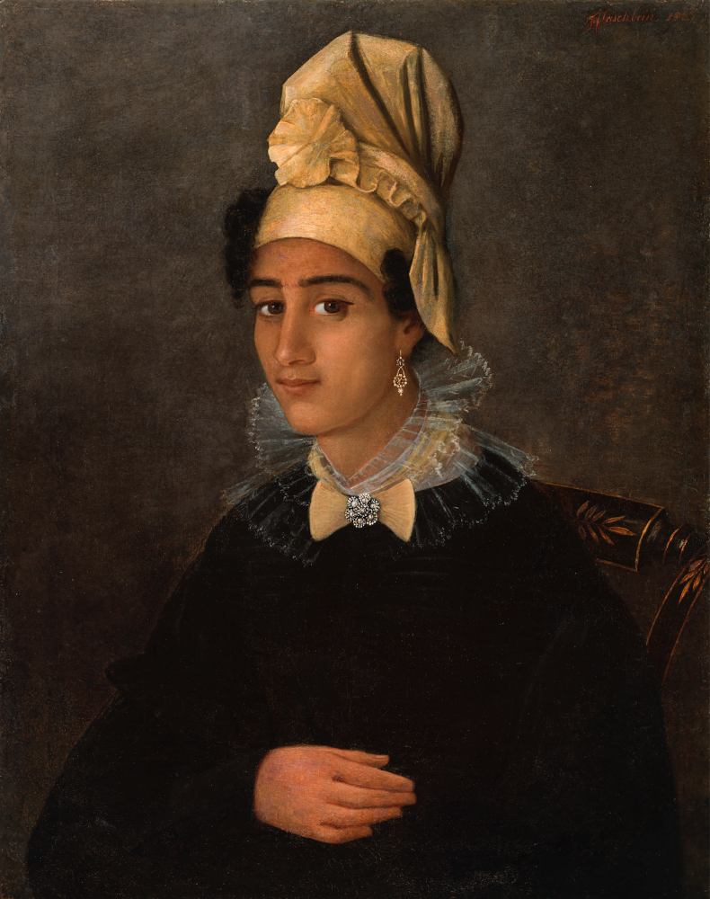 Oil painting bust-length portrait of a free woman of color wearing black dress, gold tignon, pendant earring, and tiered lace collar and bow with brooch