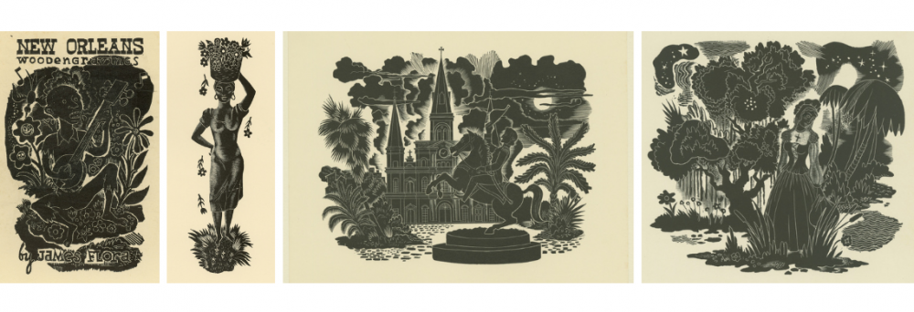 A composite image of four woodcut engravings with black ink. From left, they depict a Black man playing a banjo, a standing Black woman in a headdress carrying flowers, Jackson Square, and a woman standing in a swamp.