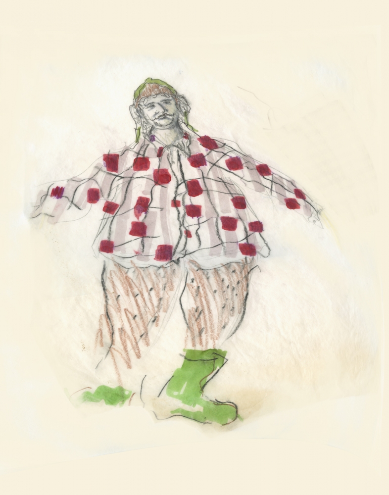 Costume drawing for Ignatius Reilly, who wears a green hunting cap, flannet shirt, baggy pants, and green boots