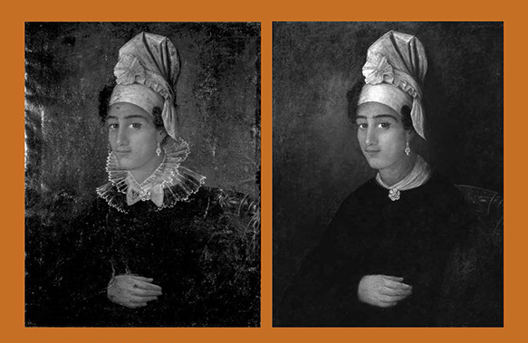 Side-by-side images of portrait of free woman of color pre- and post-restoration