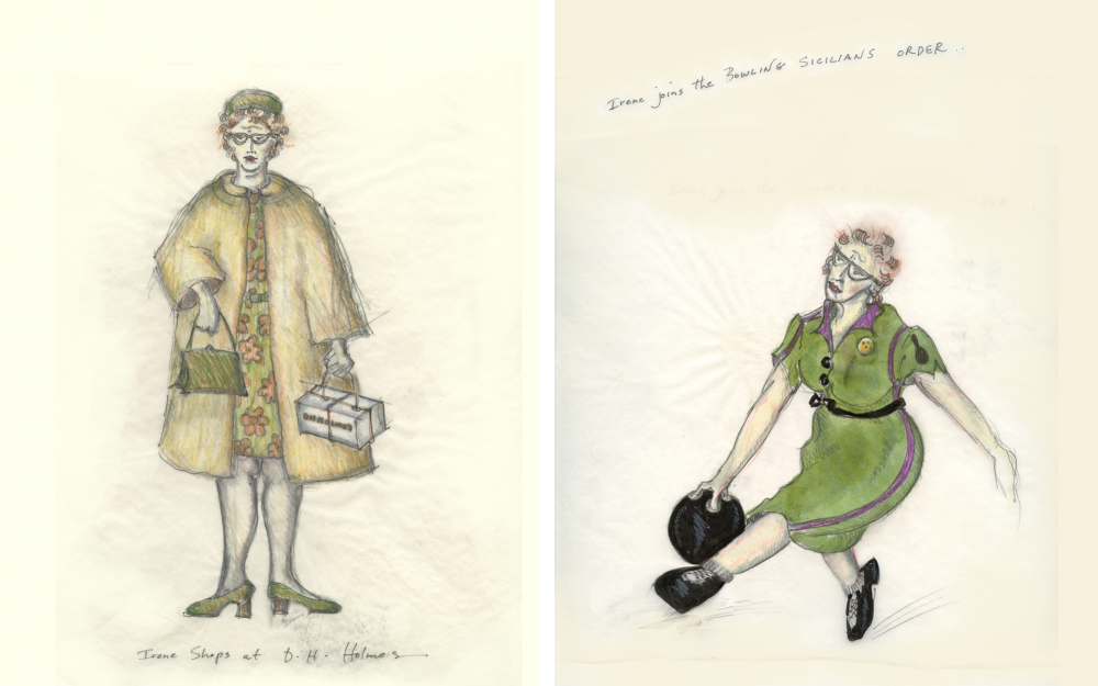 Side-by-side costume drawings of Irene. Left: Irene in fur coat and hat with cake box. Right: Irene bowling in a green belted dress.