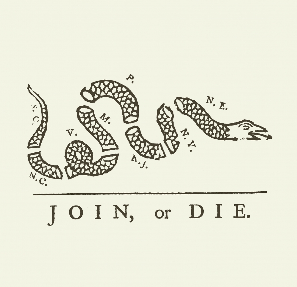 A drawing of a snake cut into multiple pieces with the words "JOIN, OR DIE" underneath.