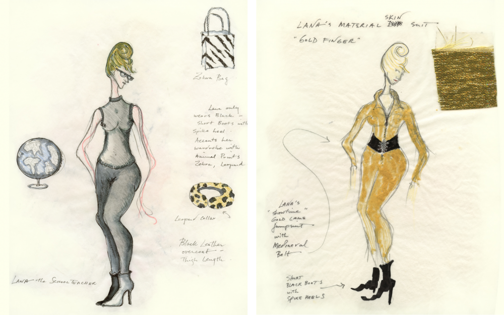 Side-by-side costume drawings of the character Lana Lee. Left: Lana in black pants and sheet black sleeveless mock turtleneck. Right: Lana in tight gold jumpsuit